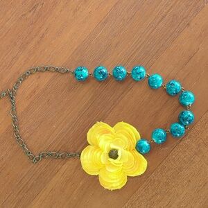 Flower artsy necklace floral yellow and turquoise 20"